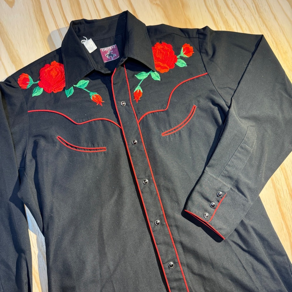 Chute #1 Mens Western Snap Shirt Black Red Rose Embroidered Floral L